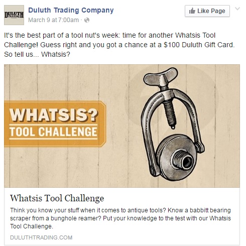 Duluth Trading Company page about their 'Whatsis Tool Challenge' to identify unknown tools