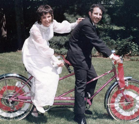 Riding the tandem at our wedding