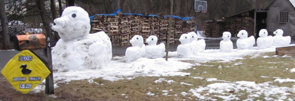 Line of rubber ducky shapes made out of snow