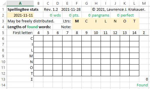 Spreadsheet with sample day's letters