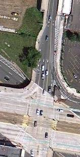 Satellite view of BU Bridge traffic crossing Commonwealth avenue