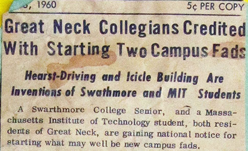 Great Neck Record headline, 'Great Neck Collegians Credited With Starting Two Campus Fads'