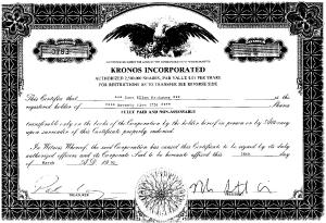An early Kronos stock certificate